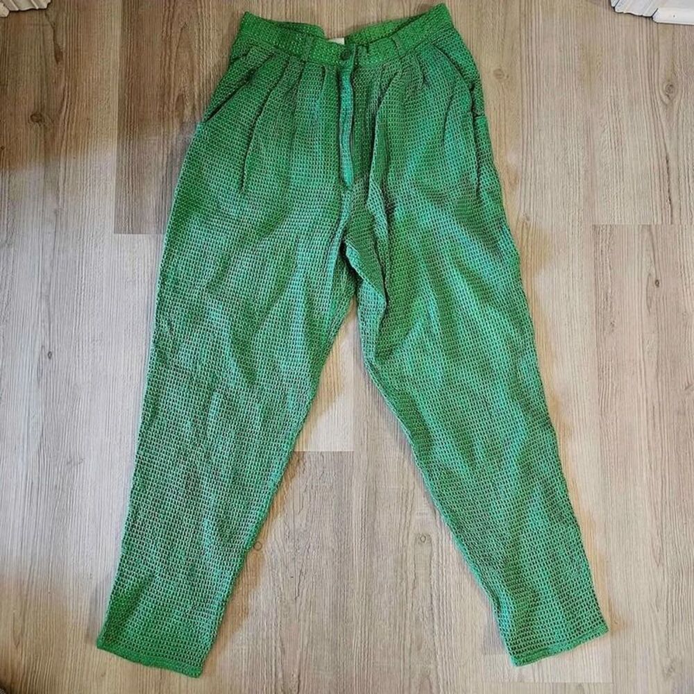Vintage Textured Green Cotton Pants High Waist Tapered Funky